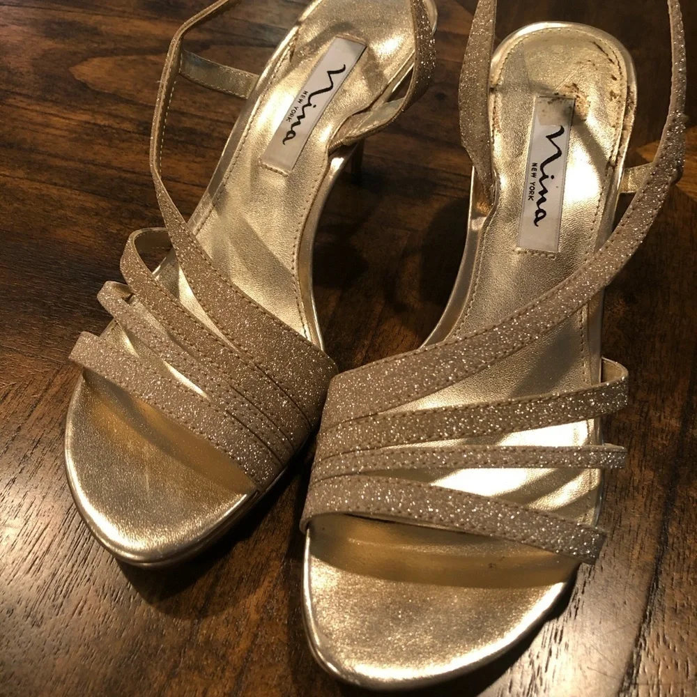 Gold HeelsNina Glittery Back Strap Sz 7.5 Wedding Party Festival Hoco Dance
